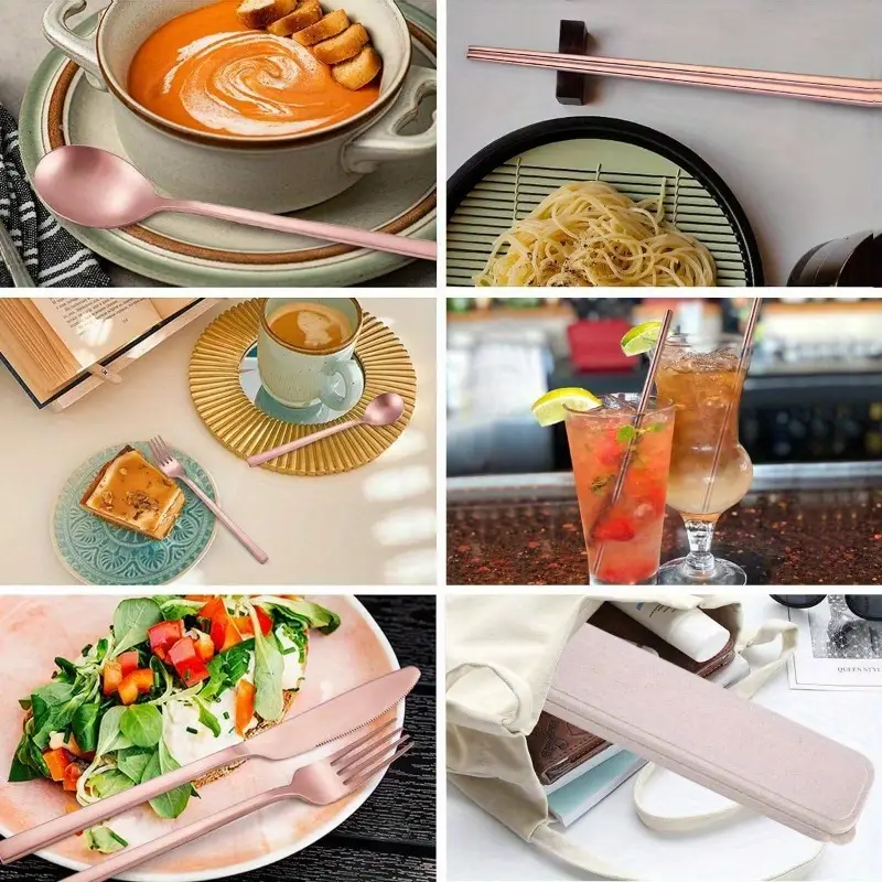 8pcs stainless steel flatware set - rose golden portable reusable travel cutlery with elegant rose , compact & lightweight utensil set with cleaning brush, dishwasher safe - fork, knife, spoon, chopsticks, straw & case for camping, office, picnic, home - durable & hygienic, ideal for outdoor & everyday use - stylish rose golden color, -resistant, easy to clean, dining, cutlery case Product details 2
