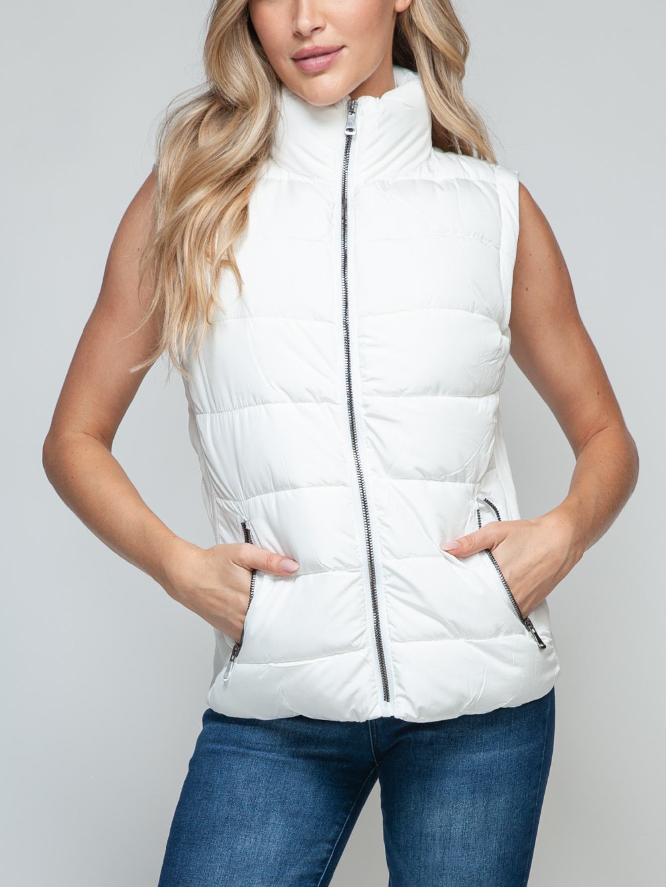 Women’s Lightweight White Puffer Vest with Zipper Closure, Turtle Neck  Side Pockets Sleeveless Quilted Jacket for Fall and Winter Layering, 100%  P