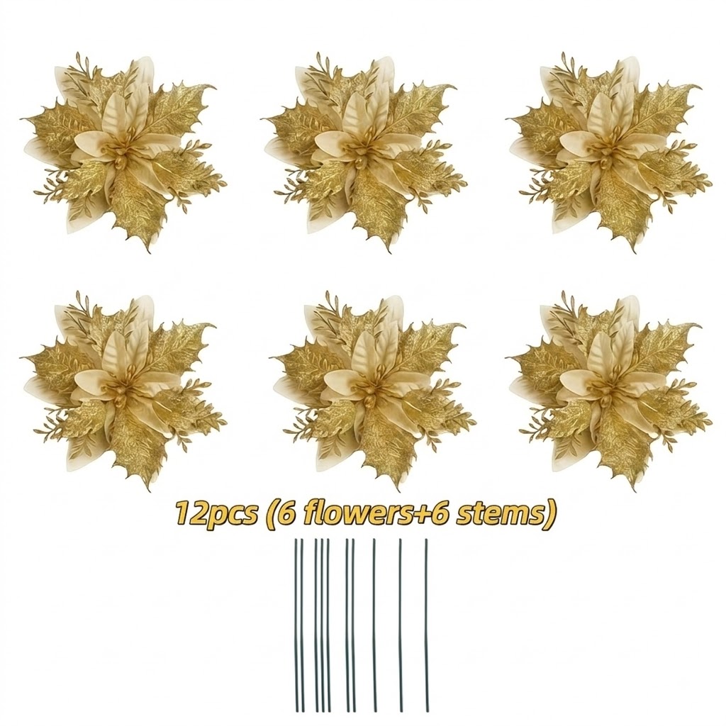 TEMU 12pcs (6 Flowers And 6 Sticks) Golden Artificial Christmas Flower Wreaths Clips - Realistic Layered Decoration, Suitable For Christmas Trees,