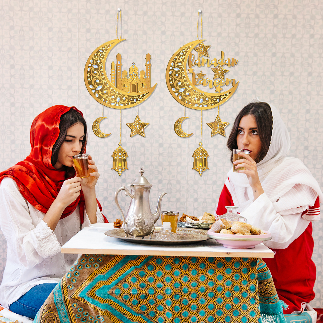 2D Door Banner, Ramadan Decoration Ramadan Kareem Hanging Sign Eid Ramadan Mubarak Door Banner Golden Moon Star Castle Ramadan Wall Hanger for Home Muslim Party Supplies