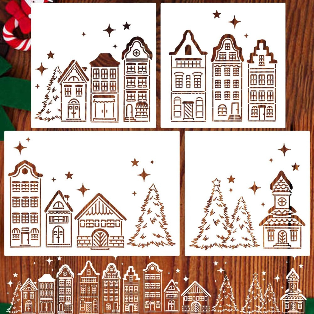 

1 Set Christmas Village Scene Stencils, Large Reusable Plastic Diy Holiday Drawing Templates For Window Glass, Wall, Canvas, Paper, And Doormat Decoration