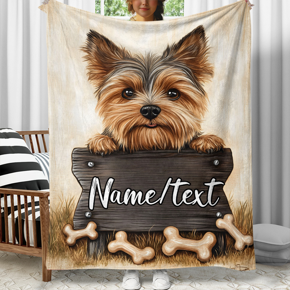 

1pc Style Customizable Yorkshire Terrier Dog Flannel Throw Blanket - Personalized Name , Soft Warm Lightweight Knitted Polyester, All , Tear Resistant, 200-250gsm