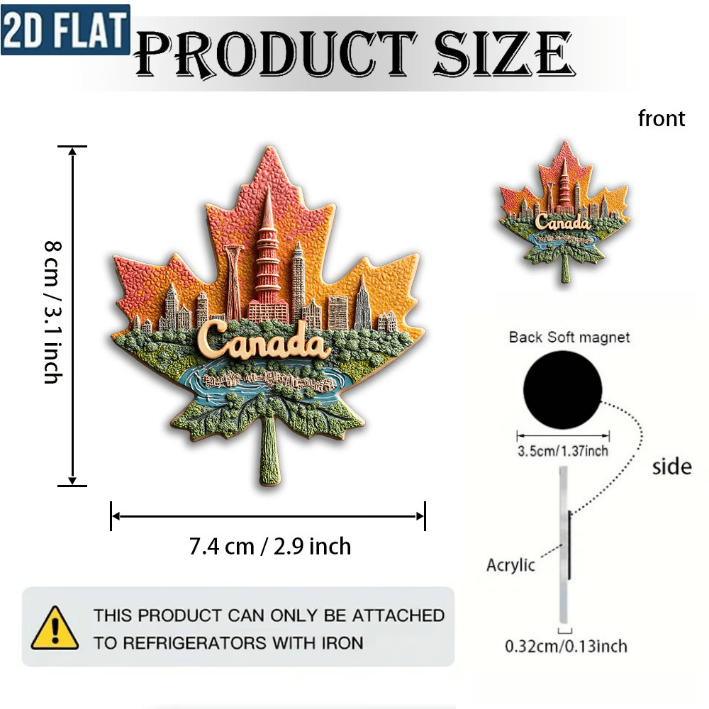 TEMU 1 aimant magnétique 2D feuille d'érable canadienne | Aimant de réfrigérateur en acrylique et caoutchouc avec CN et paysage coloré vintage de