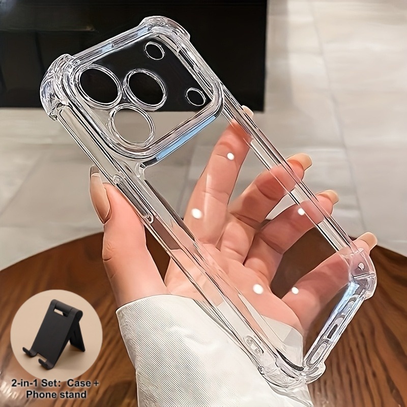 TEMU Phone Case: 2-in-1 Set: Case+phone Stand Transparent Shockproof Bumper Cover Ultra Protective Clear Case For Iphone 18 17 16 15 14 13 12 11 Pro
