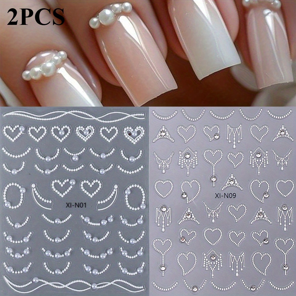 Image of 2pcs Nail Stickers With Rhinestones, Heart, Love Heart Crown, Striped Lace Decals, Nail Art Decoration, Elegant Nail Sliders, Suitable For Wedding Party Nail Decoration