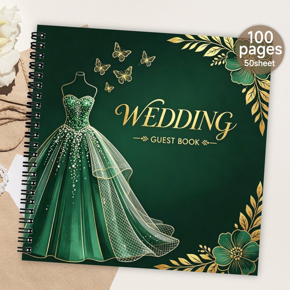 TEMU 1pc Spiral Guestbook, Wedding Guest Book, Blank Page Message & Signature Book, Emerald Green Gown Decor Meaningful Gift & Souvenir Album For
