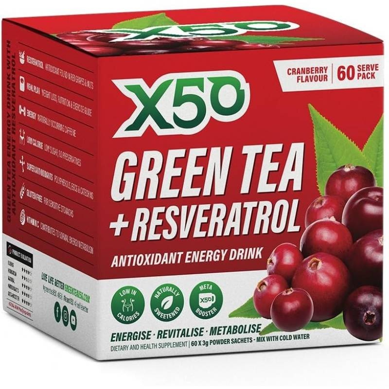 60 Sachets Green Tea & Resveratrol Energy Drink Powder - Antioxidant Supplement, Fat, Lemon Ginger Flavor,, Thermogenic, Low-Calorie (0-2 kcal per Sachet) - Sugar-Free Powder Mix