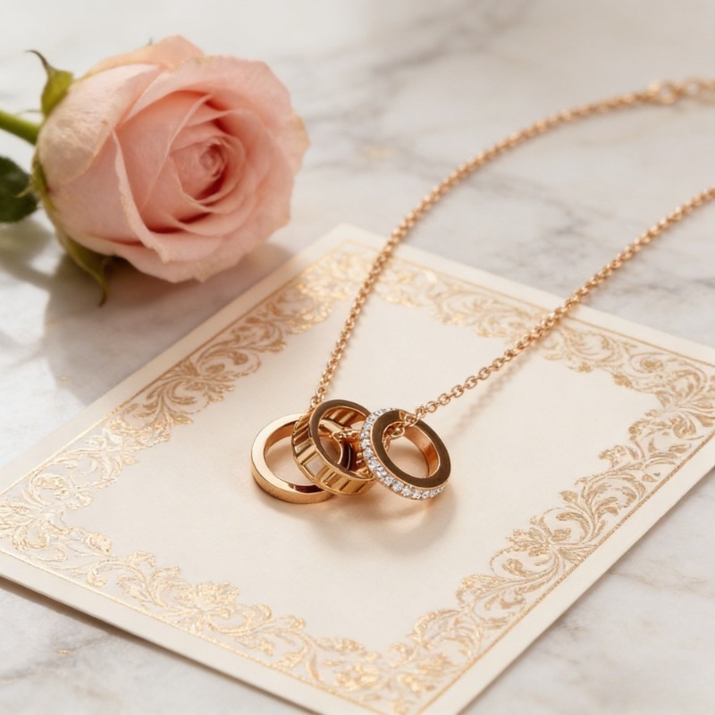 Hollow-Out Roman Numeral Three-Circle Necklace — Minimalist Style