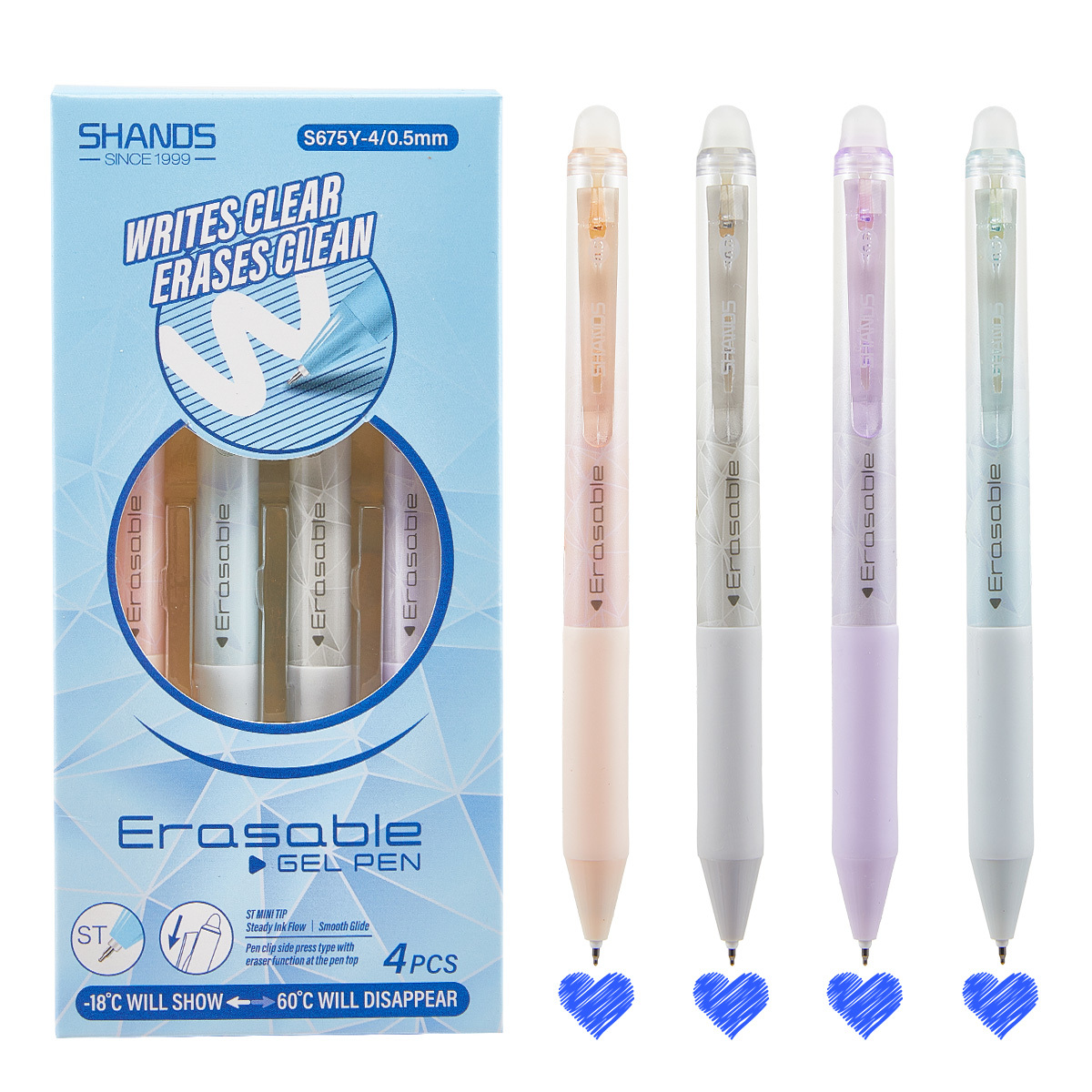 E-shop 4 Stück Radierbare Klick-Gelstifte mit Radiergummi, 0,5 mm Schnelltrocknende Schwarz/Blau Korrekturstifte, Hitzelöschbare Gelstifte für Schüler,