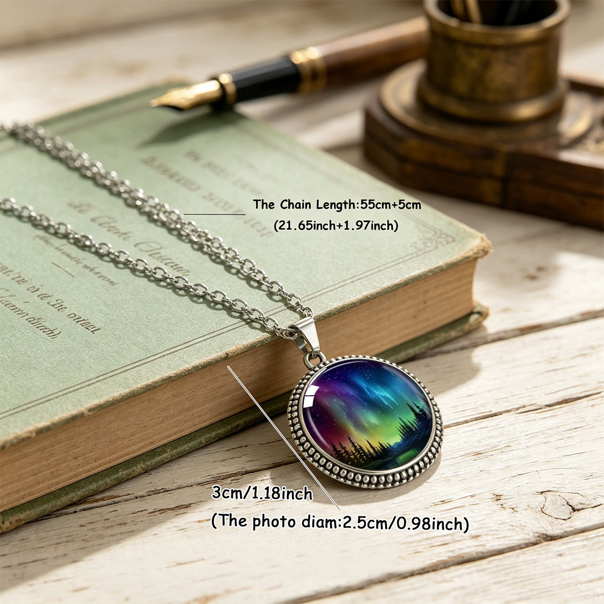 Aurora Forest Nightscape Artistic Printed Round Pendant Necklace