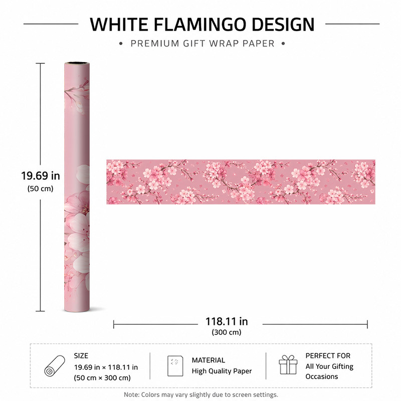 TEMU 2D Plat 1 Rol 50X300Cm (19.7X118.1In) Cadeaupapier met Delicate Roze Kersenbloesems op een Zachte Achtergrond, Perfect voor Cadeaus,
