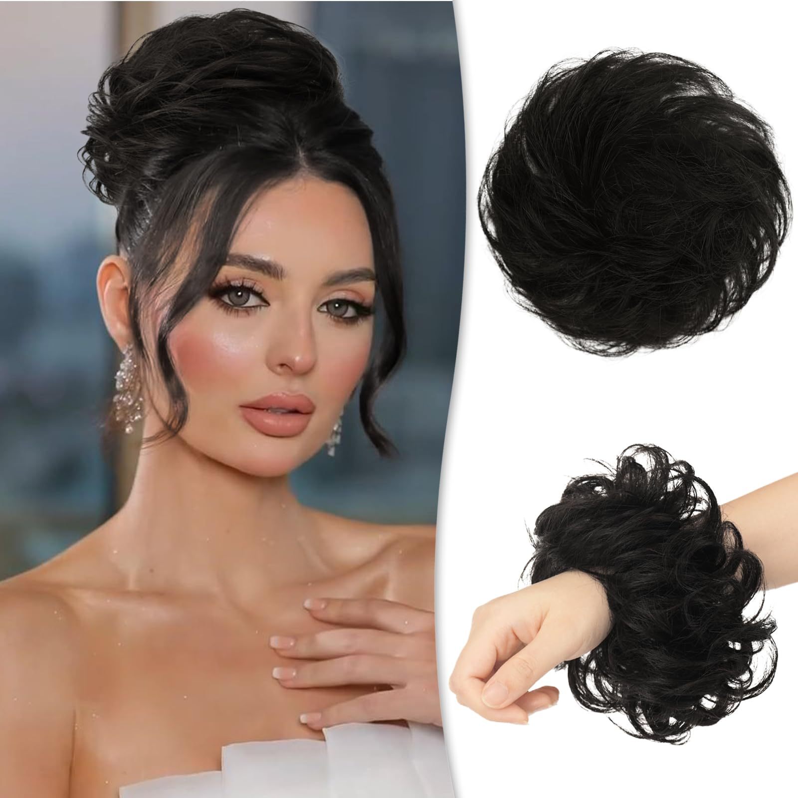 2pcs 4 inch brazilian human hair messy bun   extensions soft comfortable elastic scrunchie updo hair pieces for women natural look   versatile for daily formal events hair accessories evening hairstyle soft texture details 1
