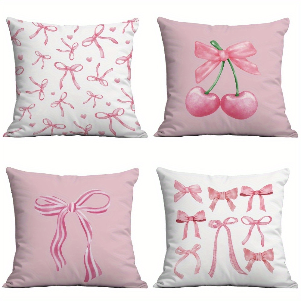 TEMU Set Of 4 Pink Bowknot Cherry Patterned Zipper Pillowcases, Featuring Double-sided Polyester Prints, Ideal For Decorating Your Living Room,