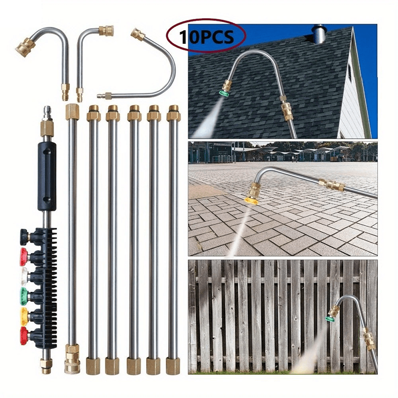 TEMU 10pcs Stainless Steel Pressure Washer Extension Pole Set- Pressure Washer Extension Pole - 4000 Psi- 1/ 4in Quick Connect, 6 Nozzle Heads, 30°/