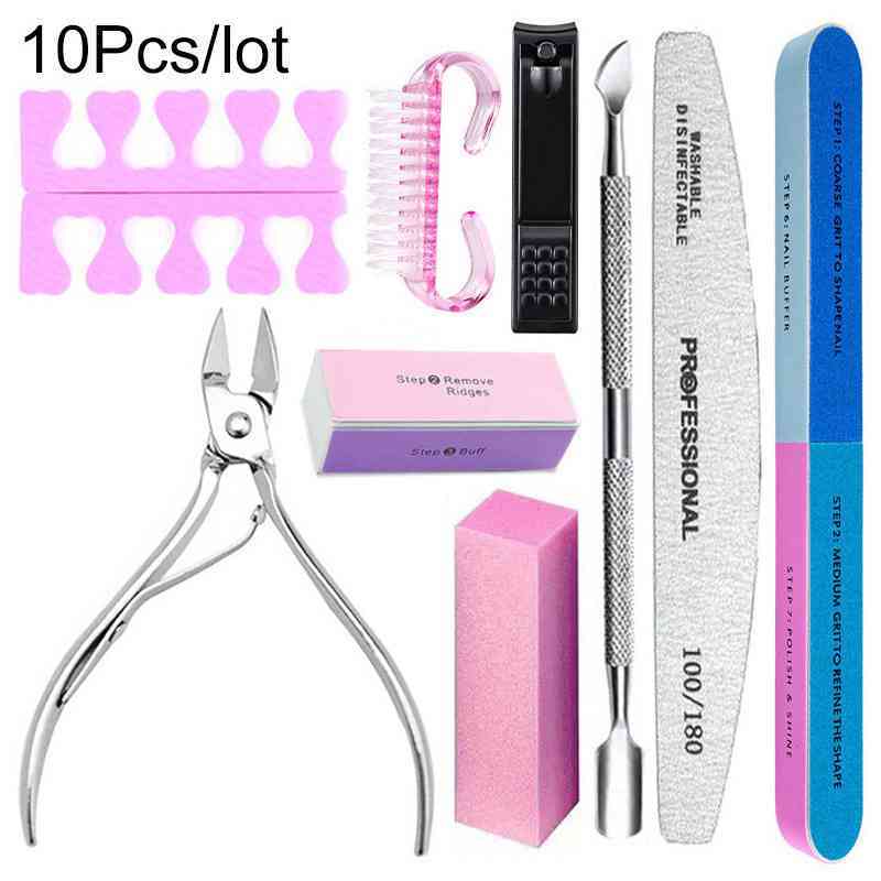 10pcs/lot Nail /180 Grit Professional Files Buffer Sponge Nail Scissors Kit With Cuticle Pushers Clippers Fingers Separators Manicure Set Uv Gel Polish Tools
