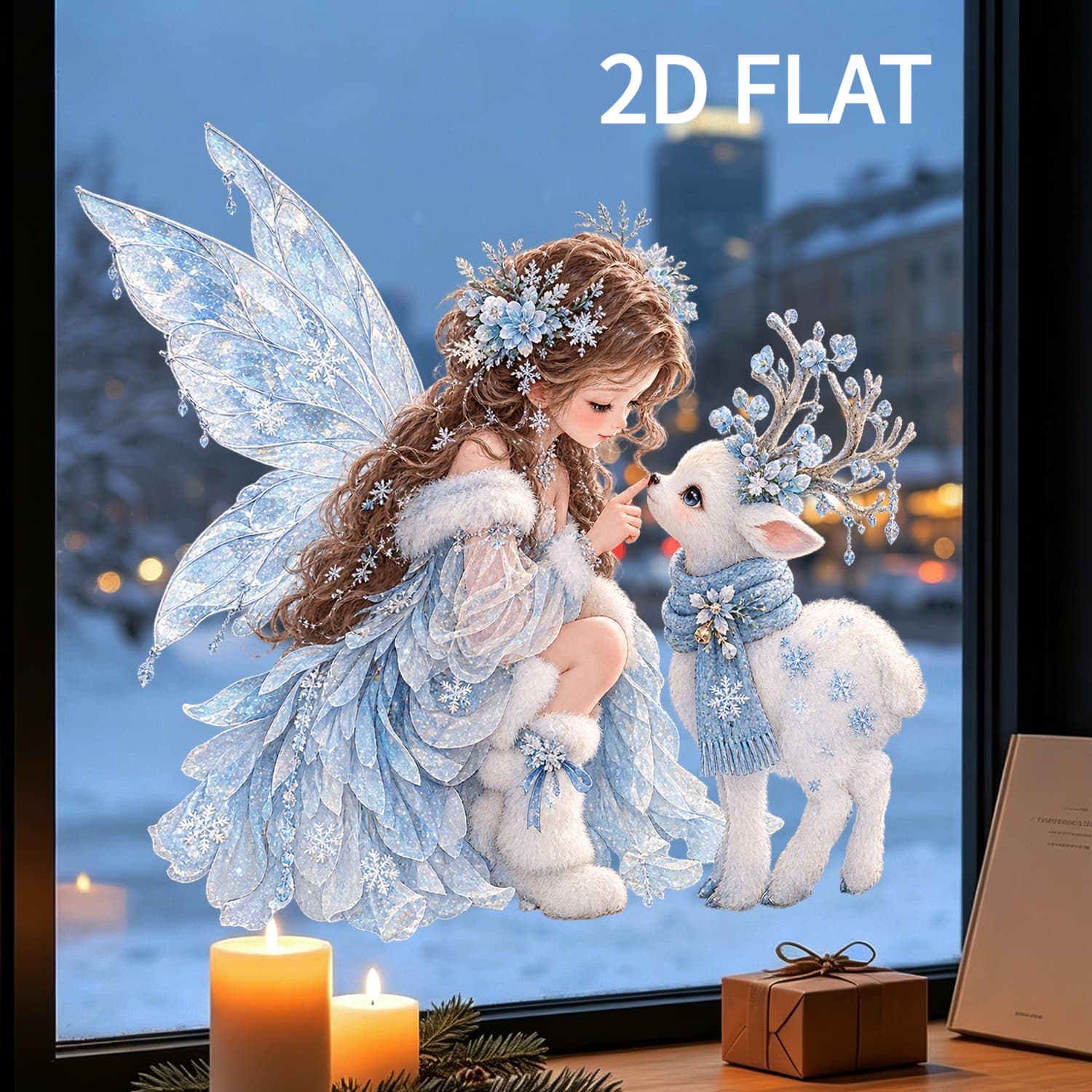 TEMU 2d Flat, 1pc 2d Flat Ice And Dress Elf Fawn Christmas Window Cling, Static Cling Glass Window Decal, Home Decor, Suitable For Living Room,