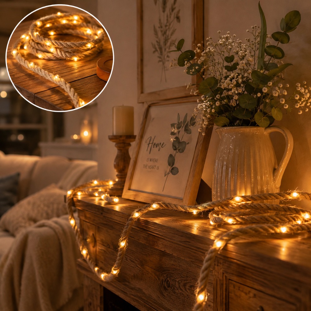 TEMU 1pc Extra-long 303cm 30-led Jute Rope Lights, Battery Version (battery Not Included), Modern Indoor Decorative String Lights, Perfect For Indoor
