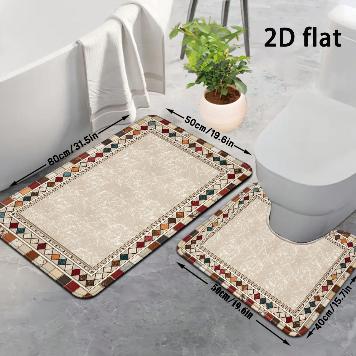 TEMU 2d Flat, 2d Flat, 2d Flat Printing 2pcs Mosaic Geometric Bathroom Mat Mediterranean Retro Style Bathroom Mat Set Carpet Bathroom Decoration Mat