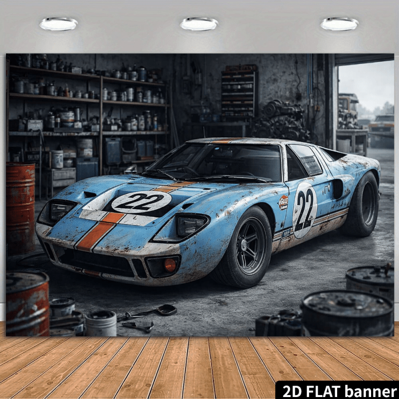 TEMU 2d Flat, 2d Flat - 2d Flat, 2d Flat - 2d Flat Banner, Vintage Racing Theme Background Cloth, Blue And White Distressed Race Car (, Stripes,
