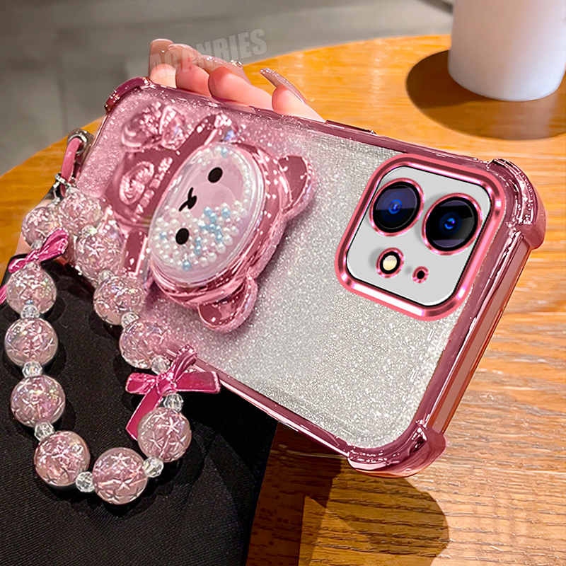 TEMU Phone Case - Luxury Plating Quicksand Bead Bear Folding Stand Holder With Lanyard Wrist Strap Chain Gradient Glitter Shockproof Phone Case For