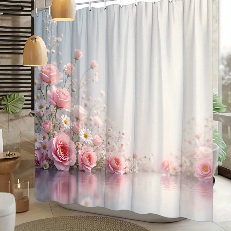 TEMU 1 rideau de douche avec d'eau, roses douces et blanches avec marguerites reflétées sur la surface , dégradé clair à blanc, rideau de baignoire