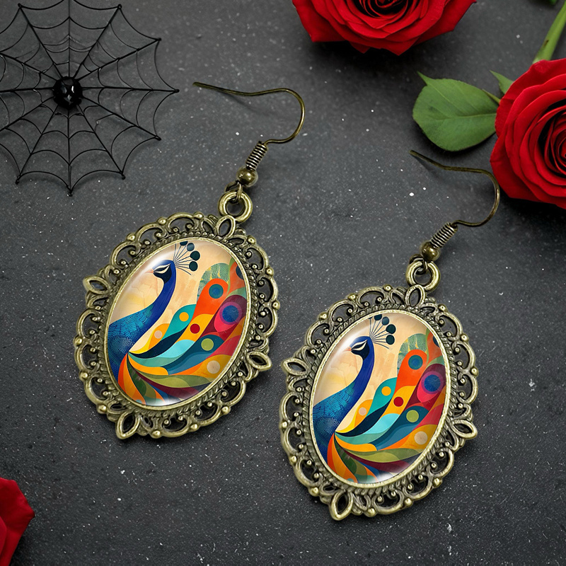 Peacock Painting Pattern Oval Glass Cabochon Retro Flower Earrings
