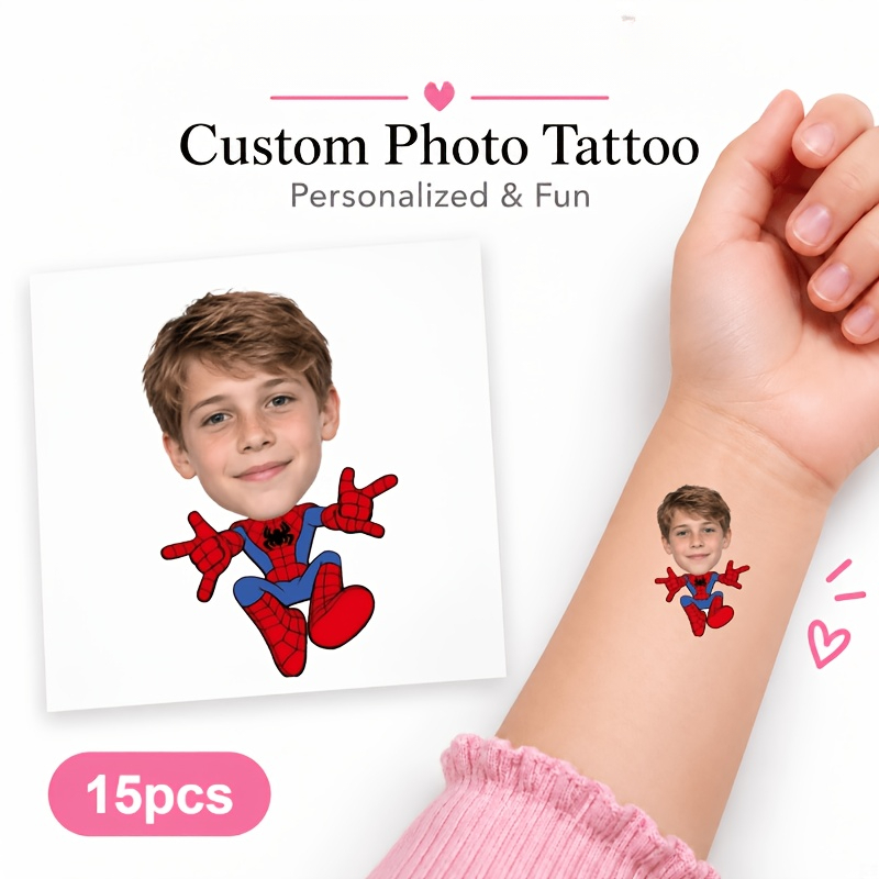 TEMU 15pcs Custom Photo Temporary Tattoo Stickers, Personalized Face Fake Tattoos, Superhero Web Costume Design, Waterproof Custom Picture Portrait