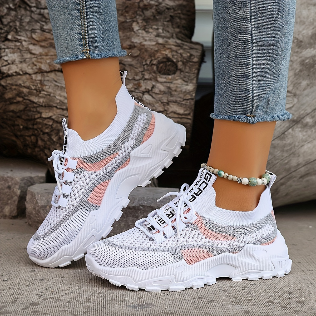 womens plus size colorblock knitted sneakers breathable low   trainers with gradient white to light   durable pvc sole     for outdoor sports casual wear gym shoes microfiber fabric upper Product details 1