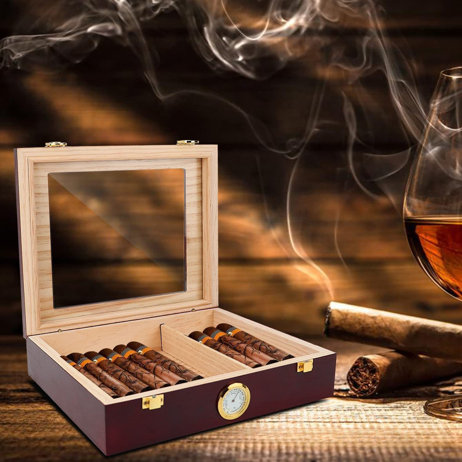 Cigar Humidors Storage 25-50 Cigars Box, Tempered Glass Top Display, Handcraft Spanish Cedar Wood Cigar Case with Divider, Humidifier and Hygrometer, Gift for Man, Sapele Cherry