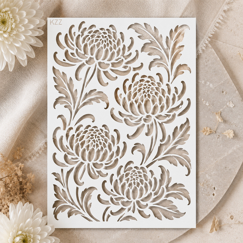 TEMU Kzz Reusable Oriental Chrysanthemum Stencil - Large Four- Botanical Square Template With Frame, Washable Flexible Diy Transfer For Fabric, Wood