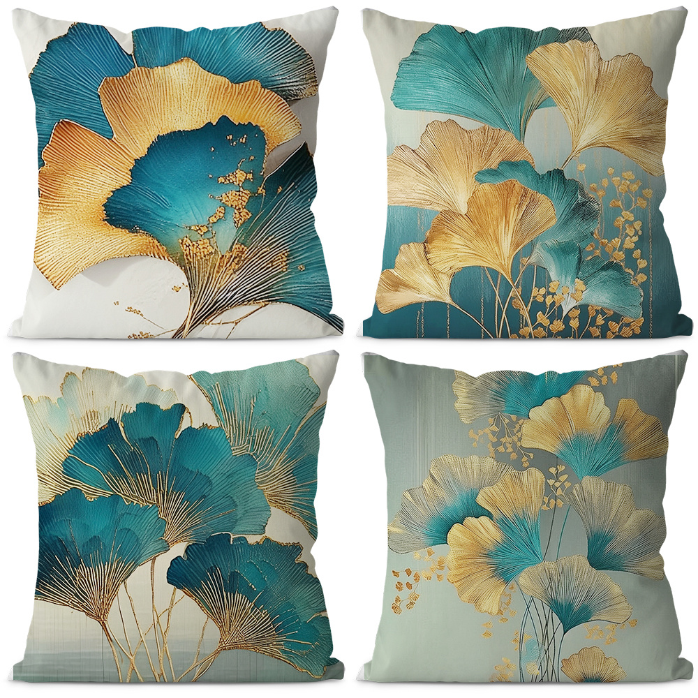 

4pcs, Leaf Patterns Blue - Golden Color Throw Pillow - Soft And Comfortable Sofa Pillow For Living Room, Bedroom, Home Decor Cushions - Cover With No Pillow