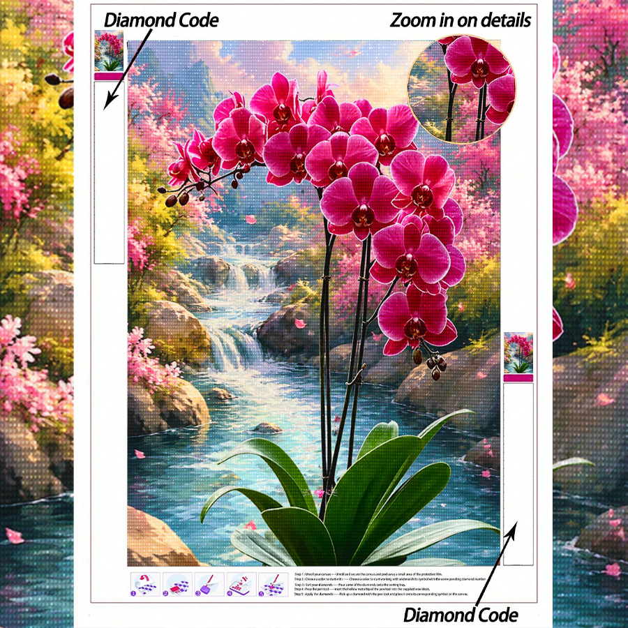 TEMU 1pc 5d Diamond Painting Kit, Phalaenopsis Orchid Stream Landscape Theme, Complete Round Drill Art Set, Suitable For Beginners And Craft