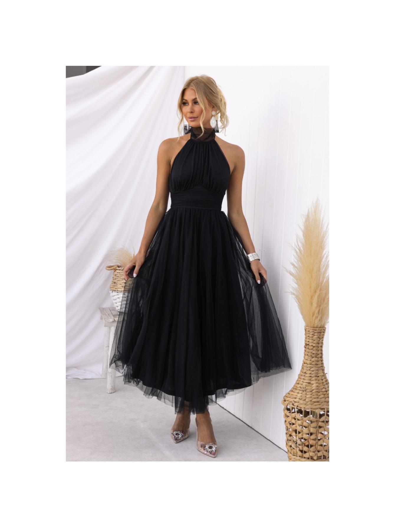 black linen sleeveless dress Black Tulle Midi Dress With Lace Detail