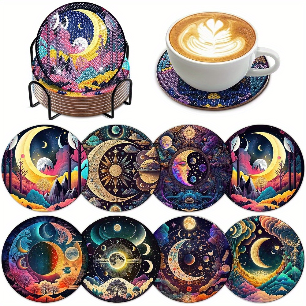 TEMU 8pcs Diamond Painting Coaster Set, Coasters, Coasters Kits With Holder Diy Coasters For Beginners, Adults, Crafts Supplies, Great For Birthday,