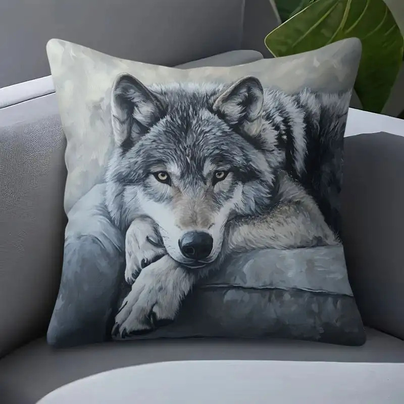 TEMU 1pc Peach Velvet Decorative Pillowcase, Wolf Pattern Print, Soft Polyester Fabric, Machine Washable - Suitable For Bedroom, Living Room, Country