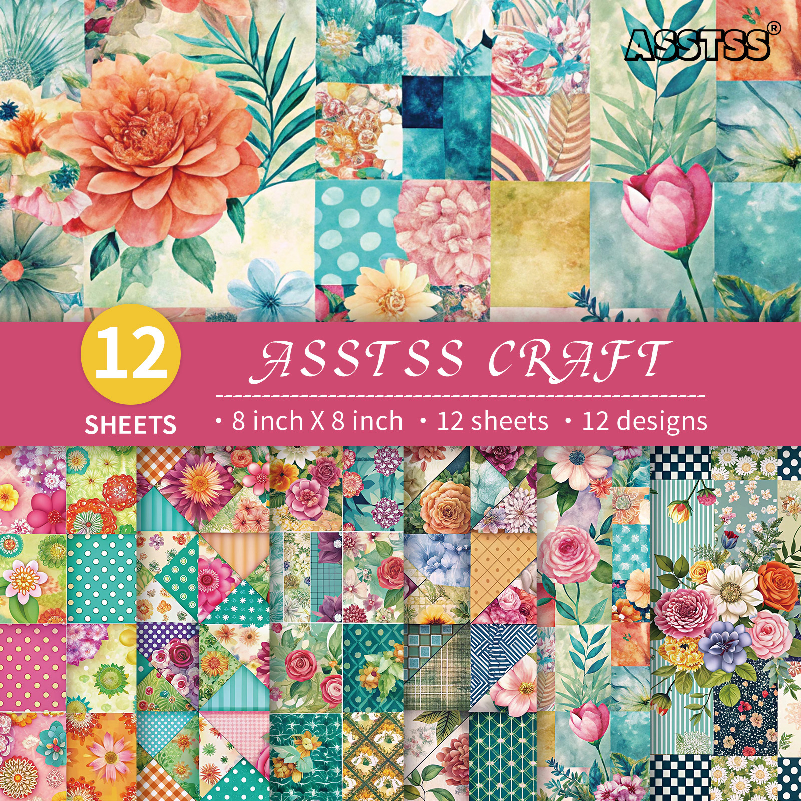 TEMU Asstss 12-sheet 8"x8" Scrapbooking Paper Pad - Heavyweight Cardstock With Retro Floral & Contrasting Color Schemes ( &) - Compatible For