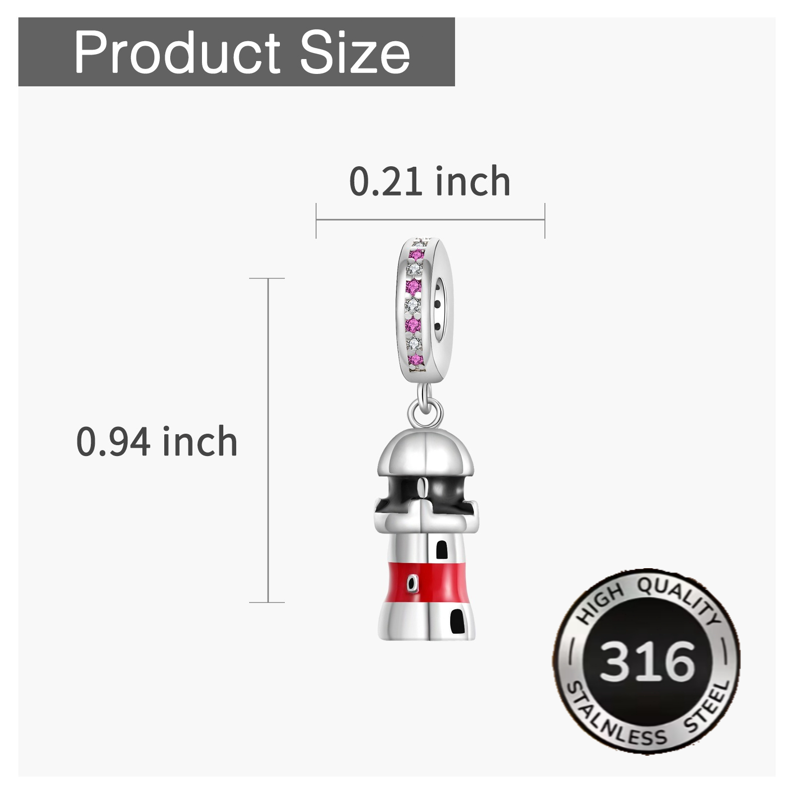 316 Stainless Steel Coastal Lighthouse Pendant Bead for DIY Jewelry