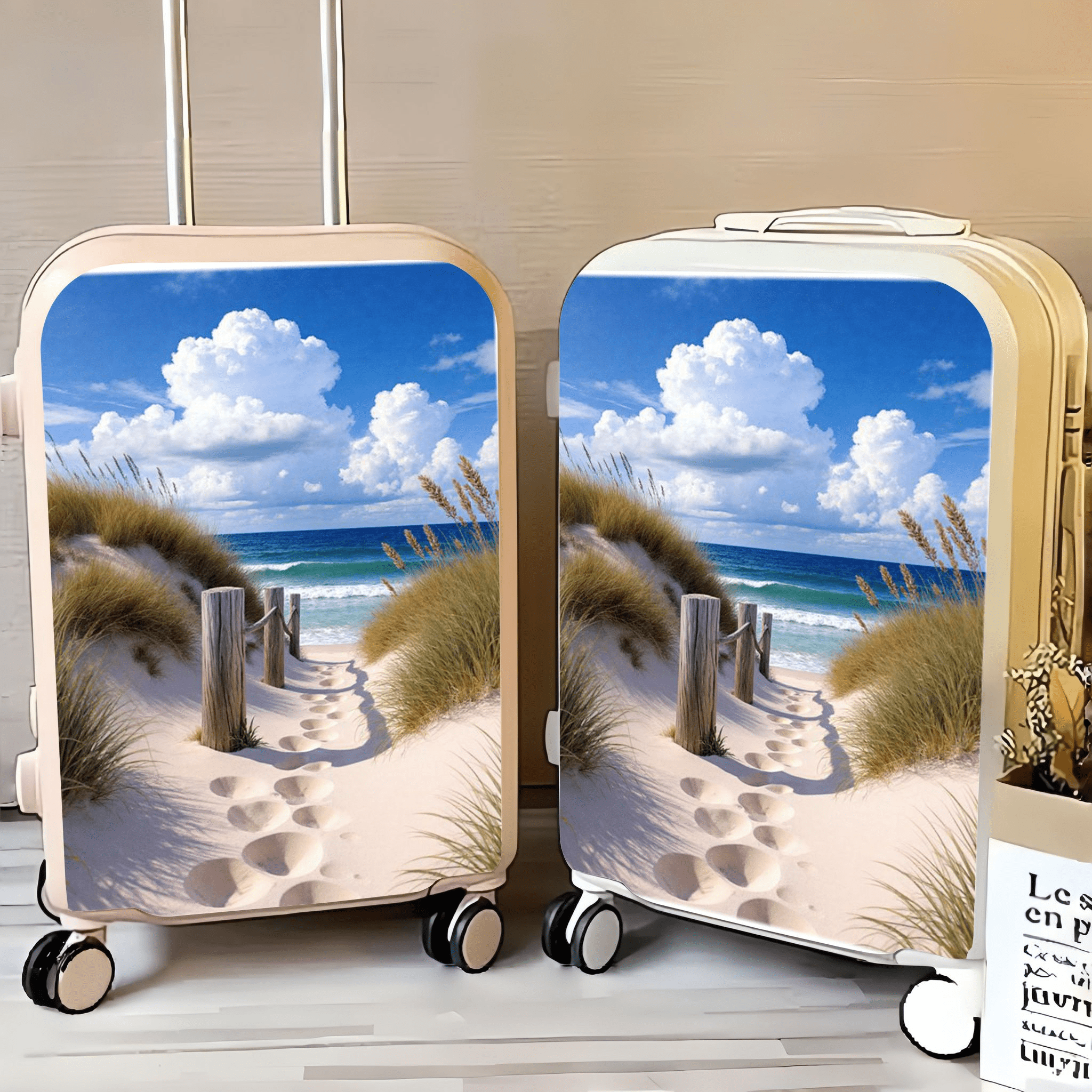 2pcs 2d flat sticker full cover beach scenery luggage stickers large size suitcase decals with sand   and   waterproof removable vinyl for travel suitcase luggage decor additions 2 pack