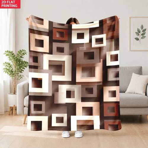 item picture 2d flat printing 1pc modern earthy geometric squares cozy flannel blanket soft warm flannel perfect for sofa soft flannel throw blanket lightweight flannel perfect for mothers for fathers d