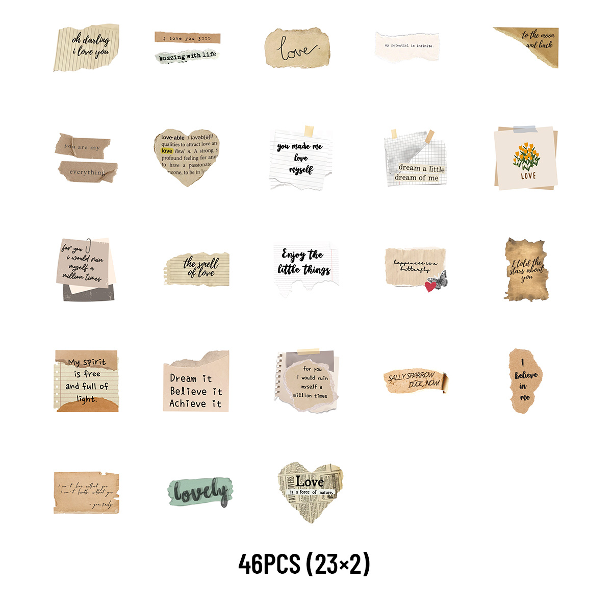 Image of 46pcs Irregular Chip Text Sticker, Retro Style. Suitable For Valentine's Day Decoration. Suitable For Photo Albums, Diaries, Cups, Notebook Computers Phones