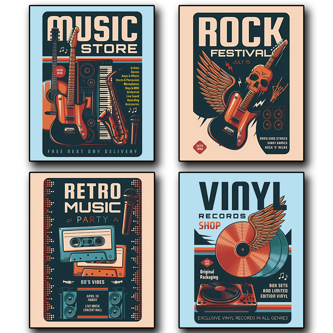 TEMU Ensemble d'Art Mural Vintage Rock & Roll 4 pièces - Affiches Musicales Rétro Cadre avec Disques Vinyles, Guitares & - Parfait pour la Décoration