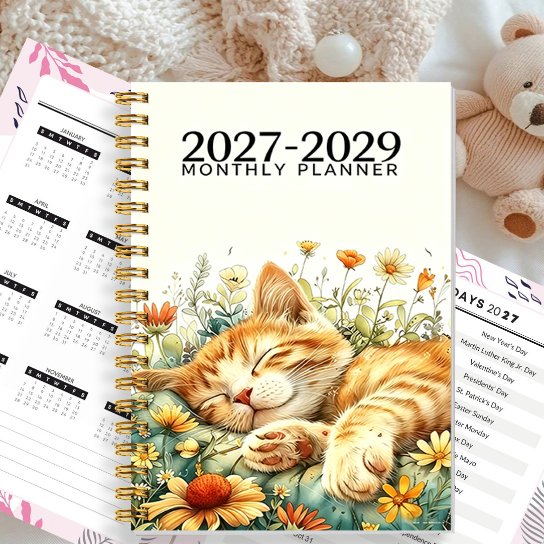TEMU Planner Notebook 2027-2029 Three-year Schedule, 1 Book, Sleeping Cat With Flowers And Plants Pattern, 2027-2029 Three-year Calendar, Three-year