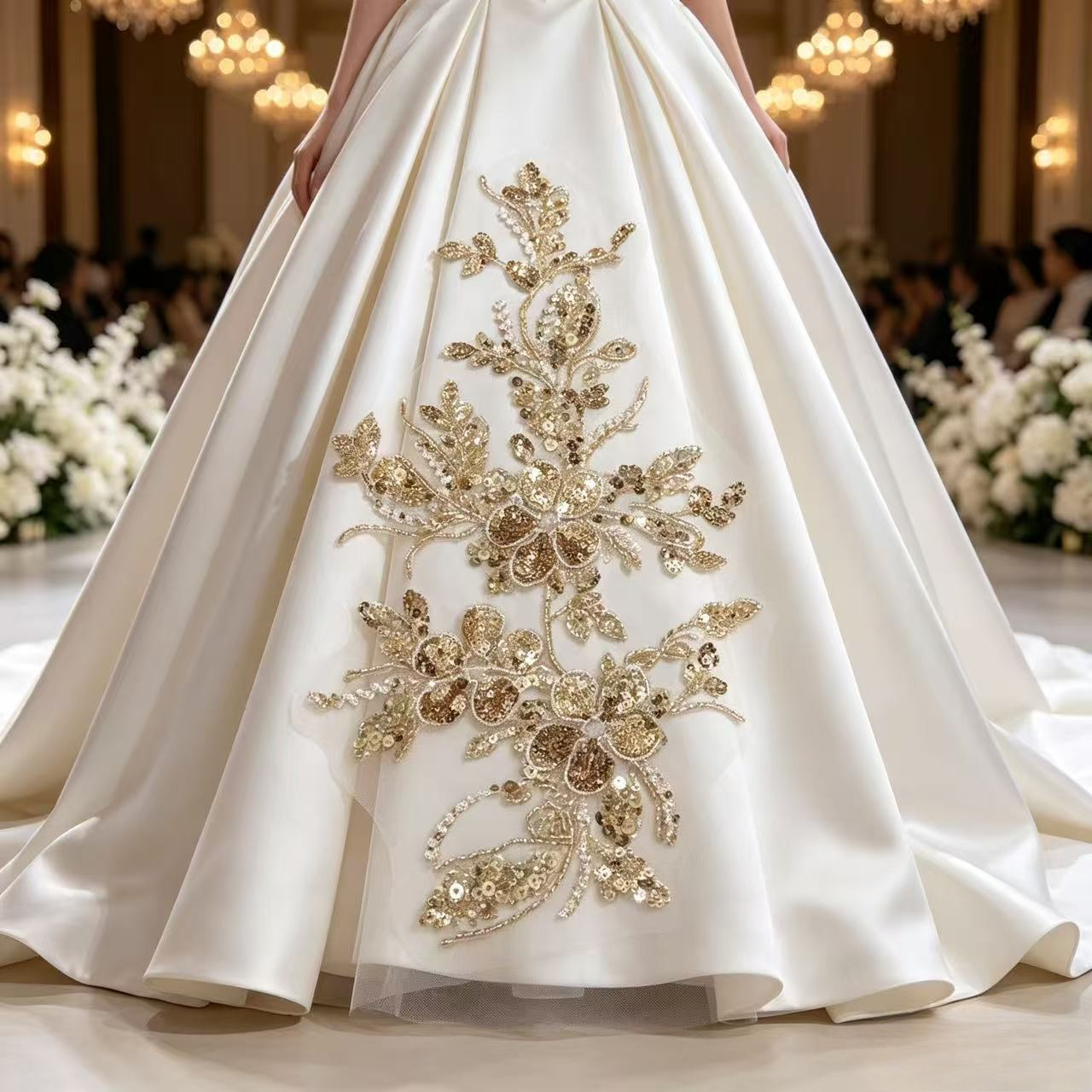 Champagne Golden Sequin Beaded Floral Embroidery Applique for Dresses