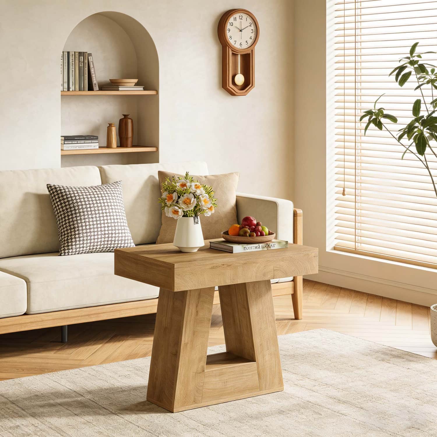 TEMU Mesa auxiliar estrecha de 2 niveles, 60 cm, mesita de noche de madera con base trapezoidal, pequeña de estilo para y dormitorio, color madera