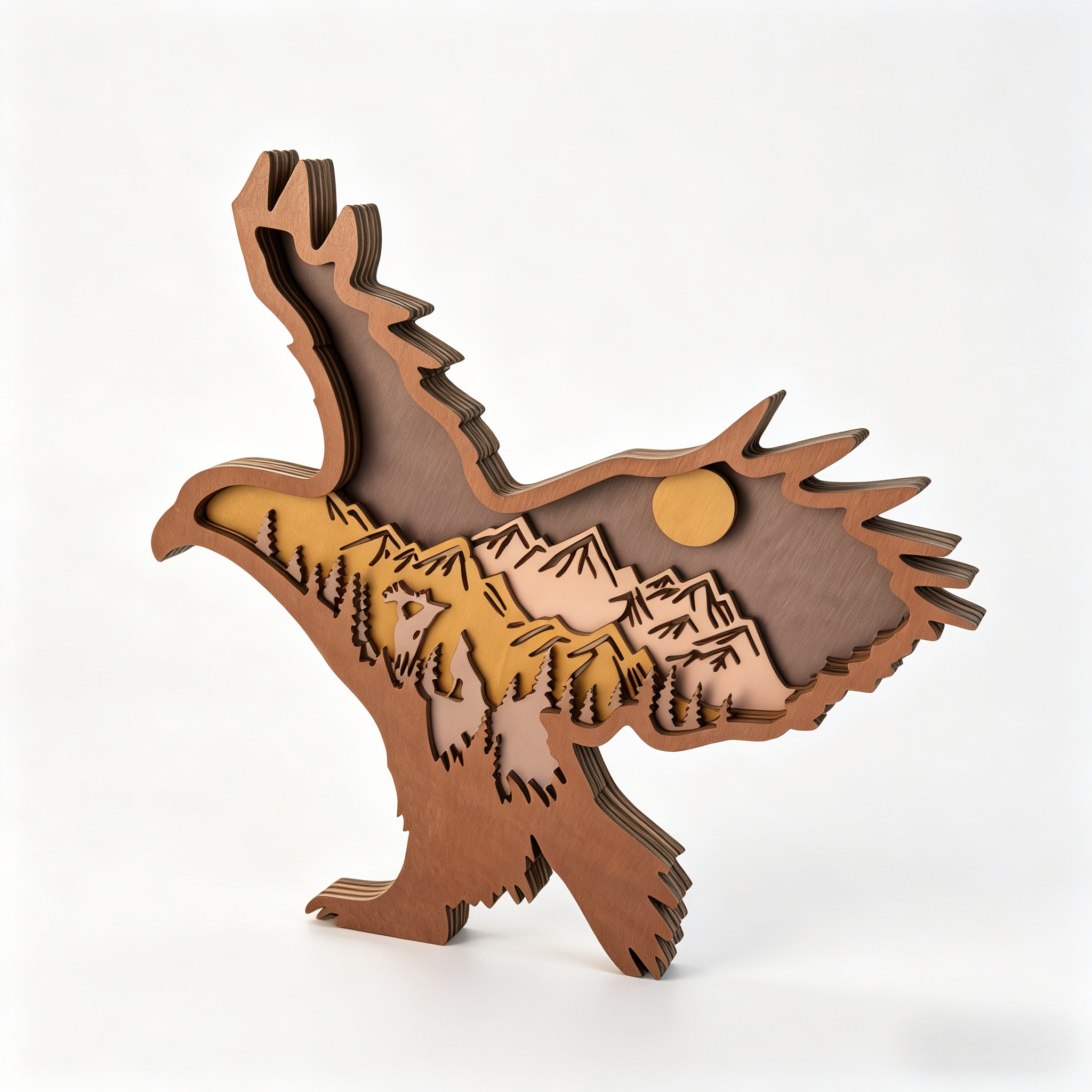 5-layer Wooden Desk Decor, 3d Scene Wood Carving Ornament, Rustic Wildlife Tabletop Sculpture For Home Office Shelf, Unique Gift