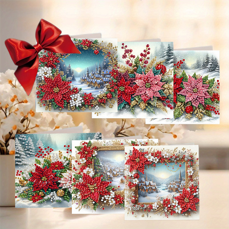 TEMU 6 Unique And Creative Christmas Floral-themed Birthday Cards With Design. The Diy Round Rhinestone Painting Card Craft Kit Includes 6 Cards, 6
