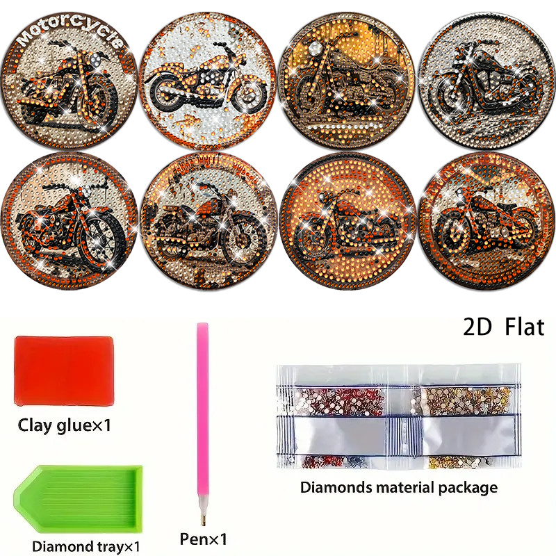 TEMU 8pcs Vintage Motorcycle Diamond Painting Coaster Kit, Diy Coasters, Decorative Art, Suitable For Home And Office Decor, Housewarming, Gift For