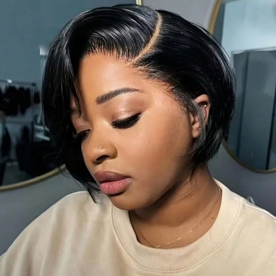 TEMU Perruque en cheveux humains brésiliens adaptée aux de peau - Coupe Bob droit avec frontale en dentelle latérale 13x1, postiche à de couleur