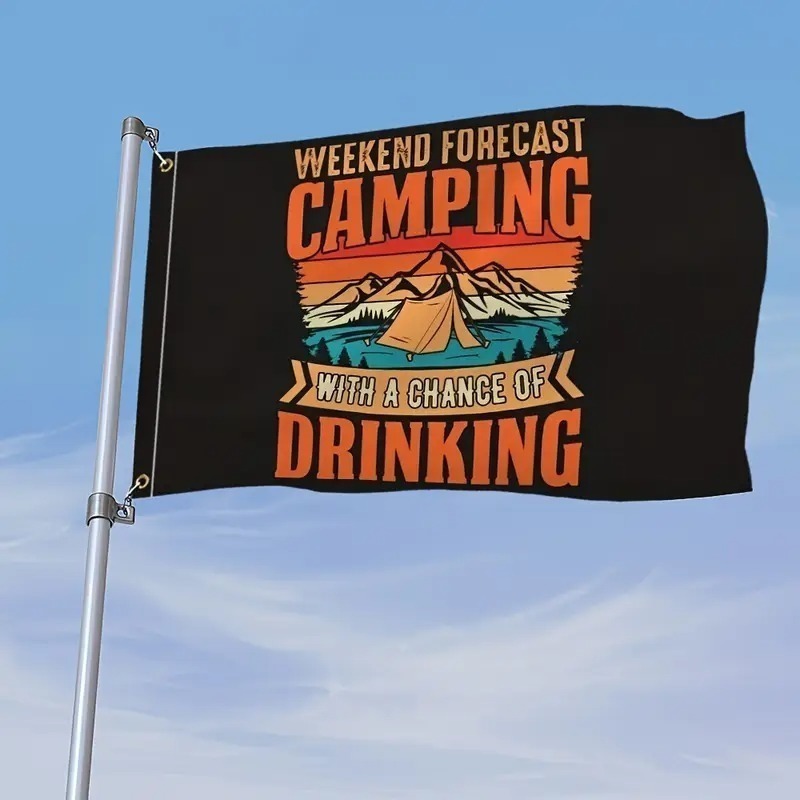 TEMU 2d Printed, 1pc Pack, Multiple Sizes . Unique Camping And Drinking Water Flag Featuring A Colorful Weekend Weather Forecast Pattern With
