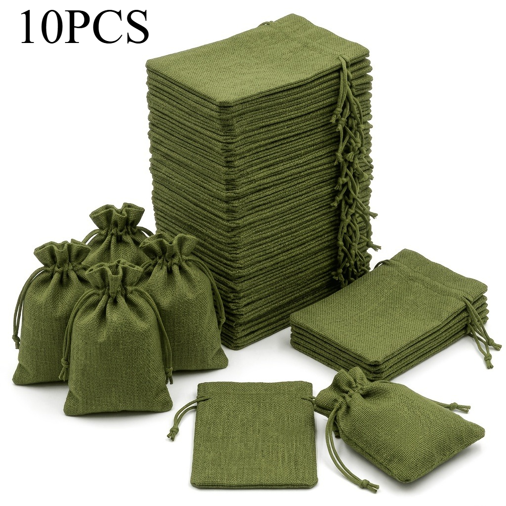 TEMU 10pcs Olive Green Linen Textured Drawstring Bags, Durable Jute Textured Gift Bags, Lightweight Fabric Jewelry Bags With Safety Drawstring Seals,